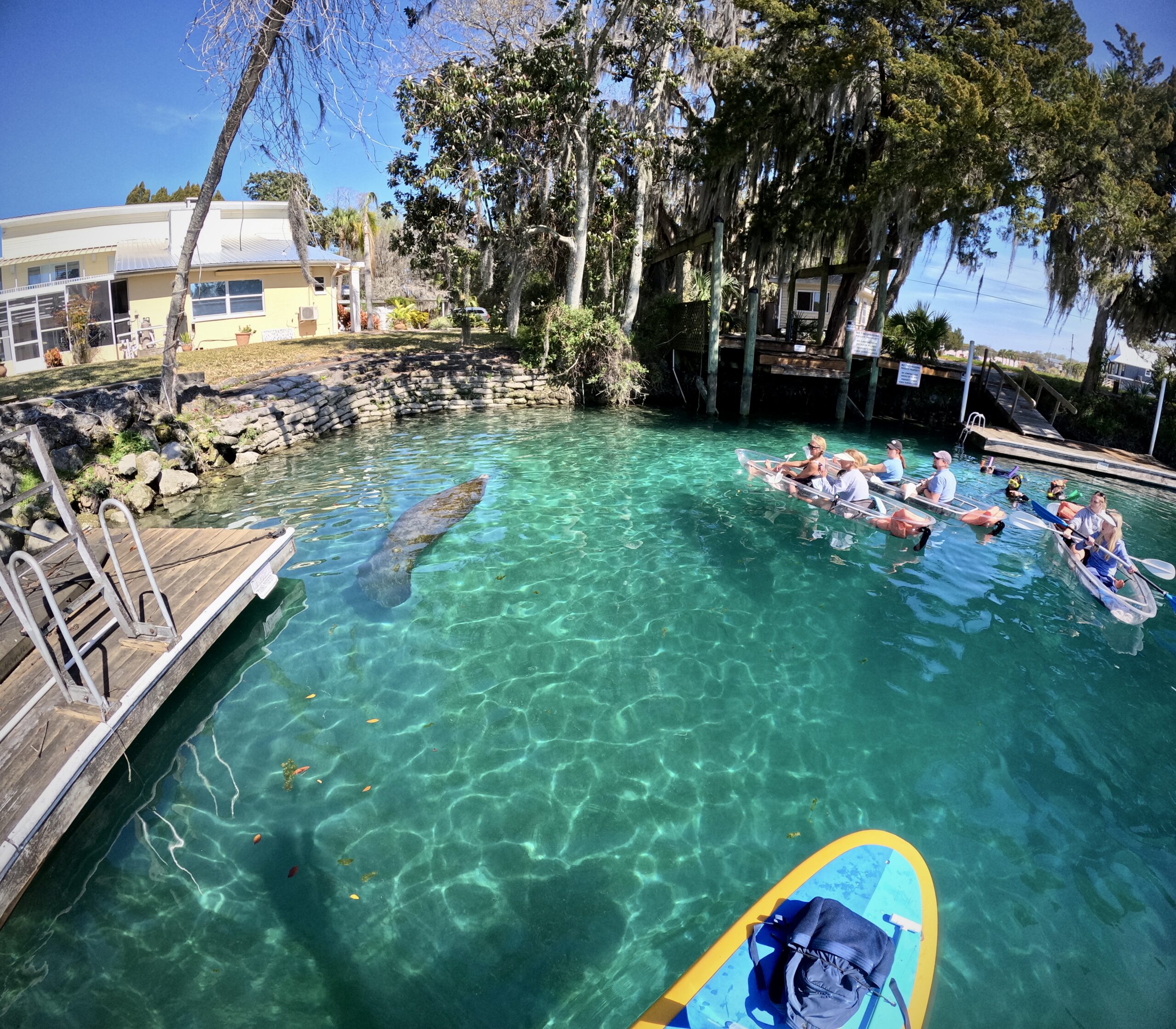 View from a paddleboard across clear turquoise water toward a group of paddlers